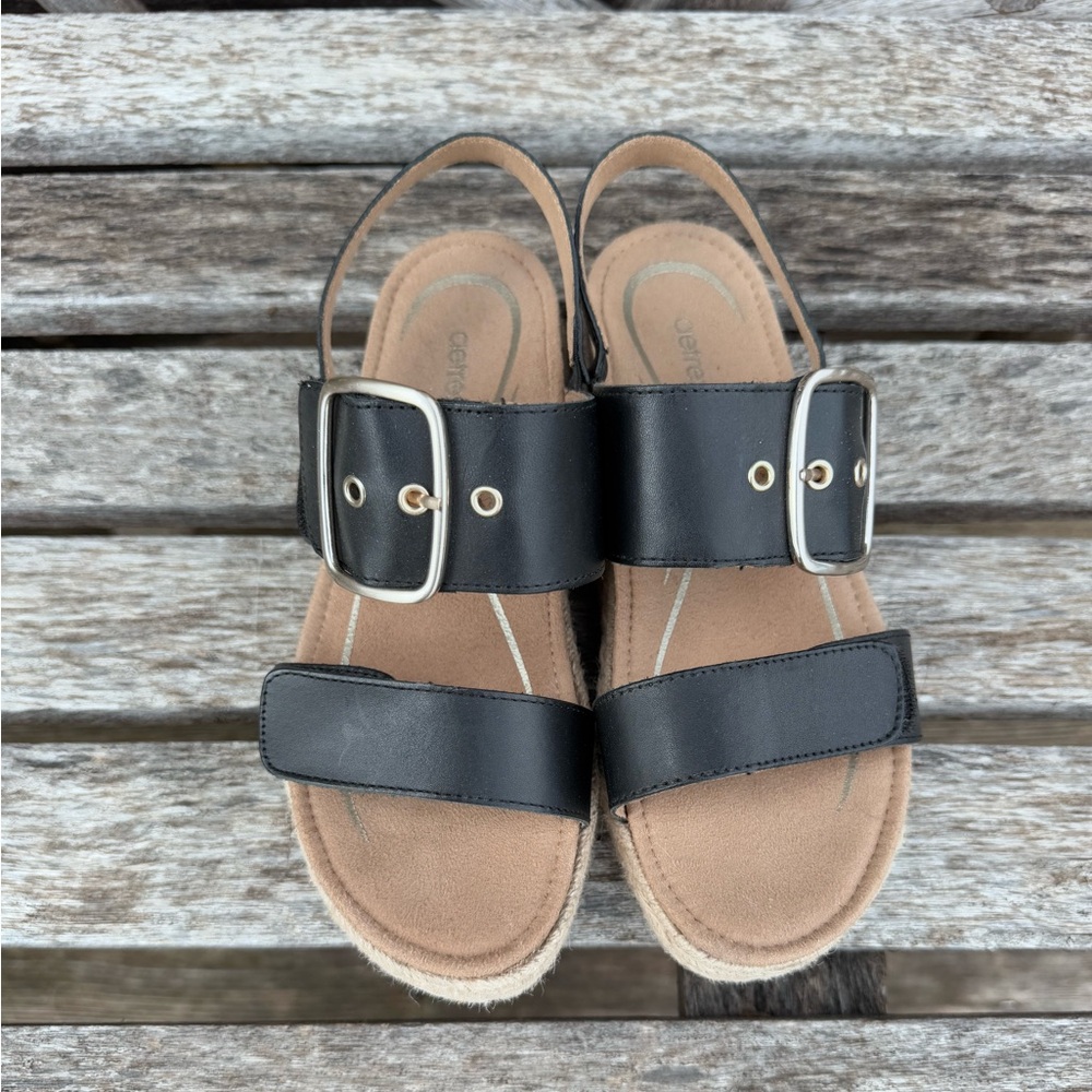 Aetrex Vana Leather Espadrille Sandals | Women’s Size 7 | Black PlatformComfort